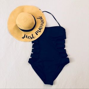 Navy One Piece Swimsuit with Cutouts